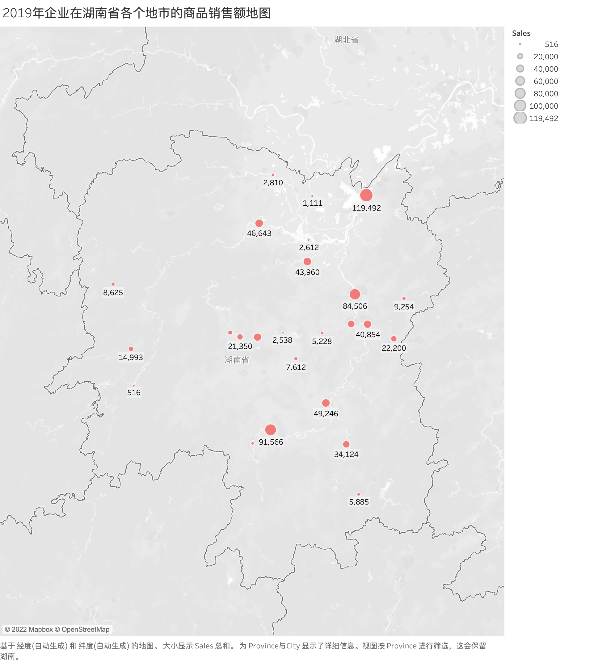 2019年企业在湖南省各个地市的商品销售额地图
